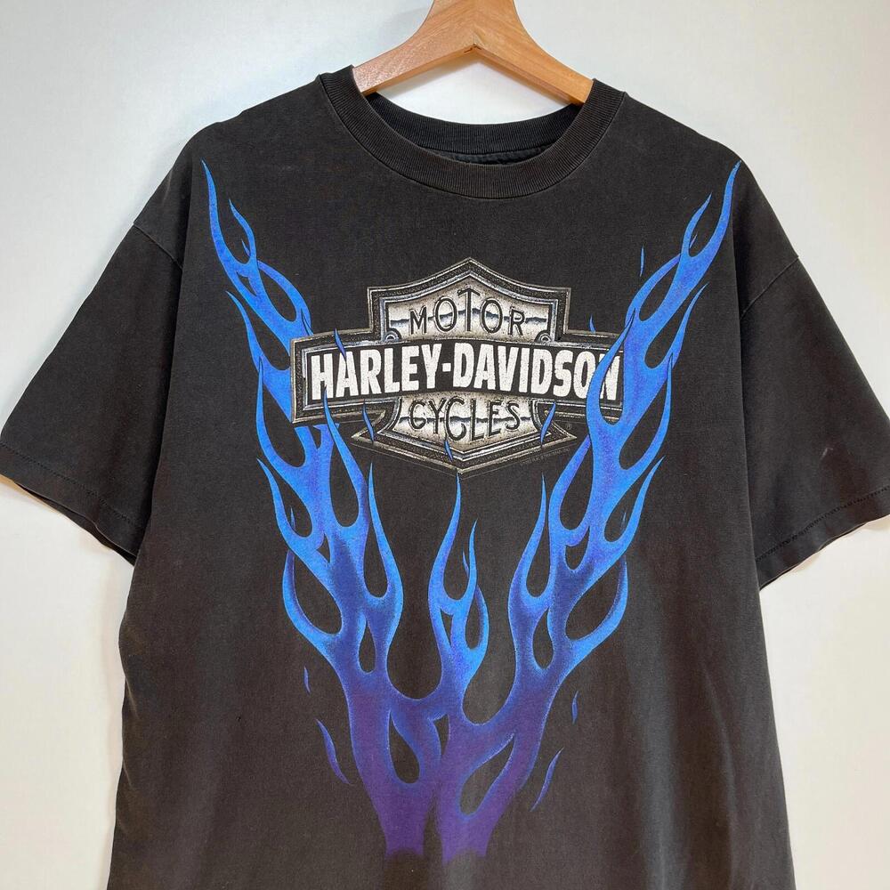 Vintage 90s Harley Davidson Blue Flames T-Shirt Size L Faded Motorcycle Biker